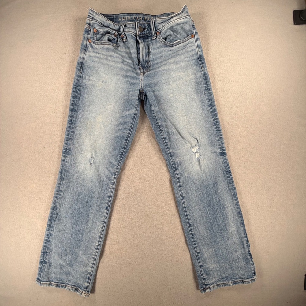 American Eagle Mens 28x30 Light Wash Distressed Straight Leg Jeans Stretch Denim